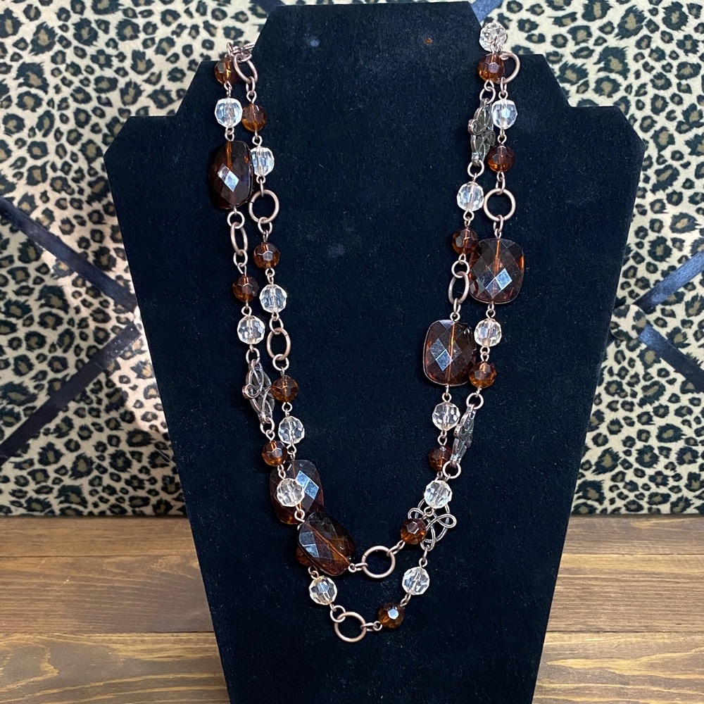 2028 Brown and Clear Beaded Necklace with Rose Gold Tone Metal Links